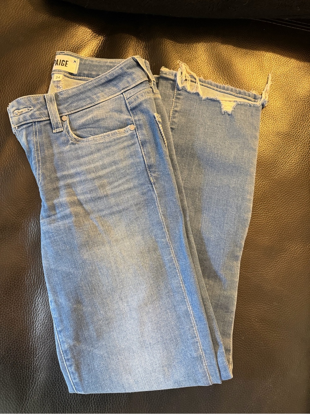 PAIGE Light Wash Cropped Distressed Ankle Jeans